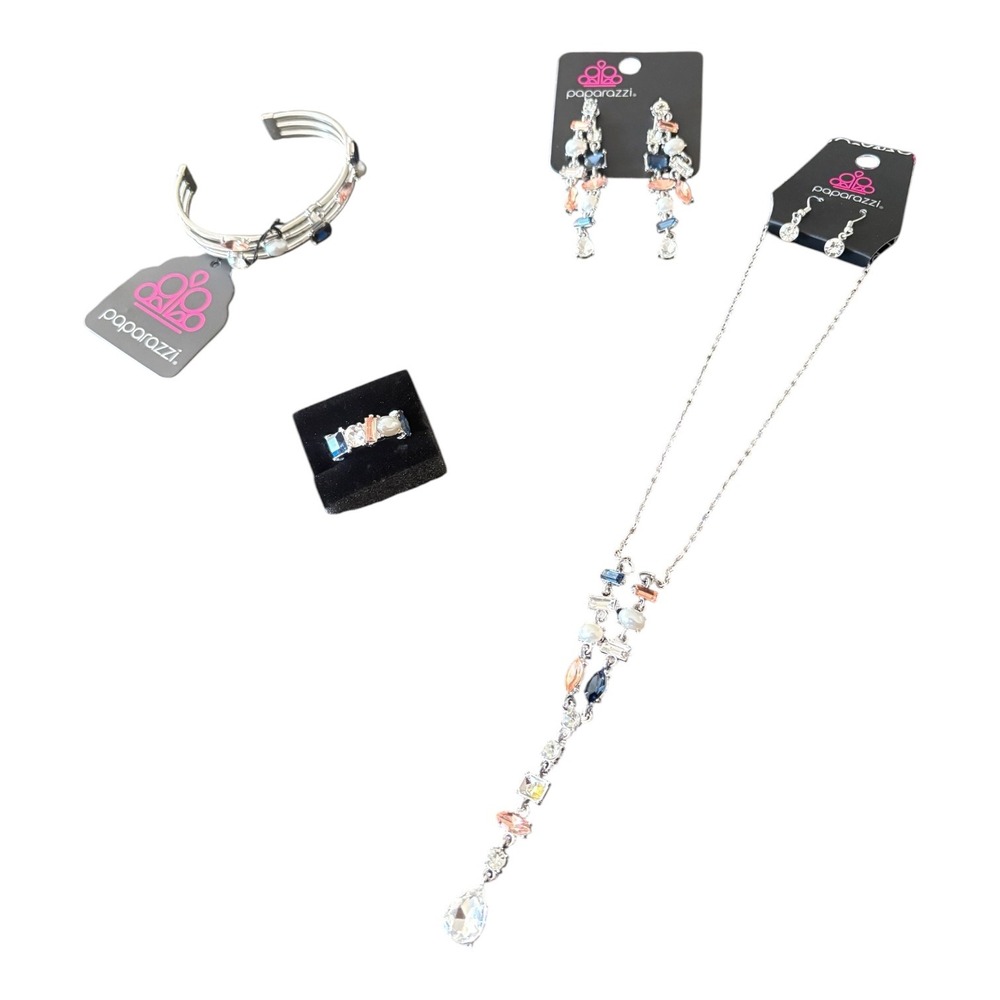 Paparazzi Silver Tone Rhinestone Jewelry Set Necklace Earrings Bracelet Ring New